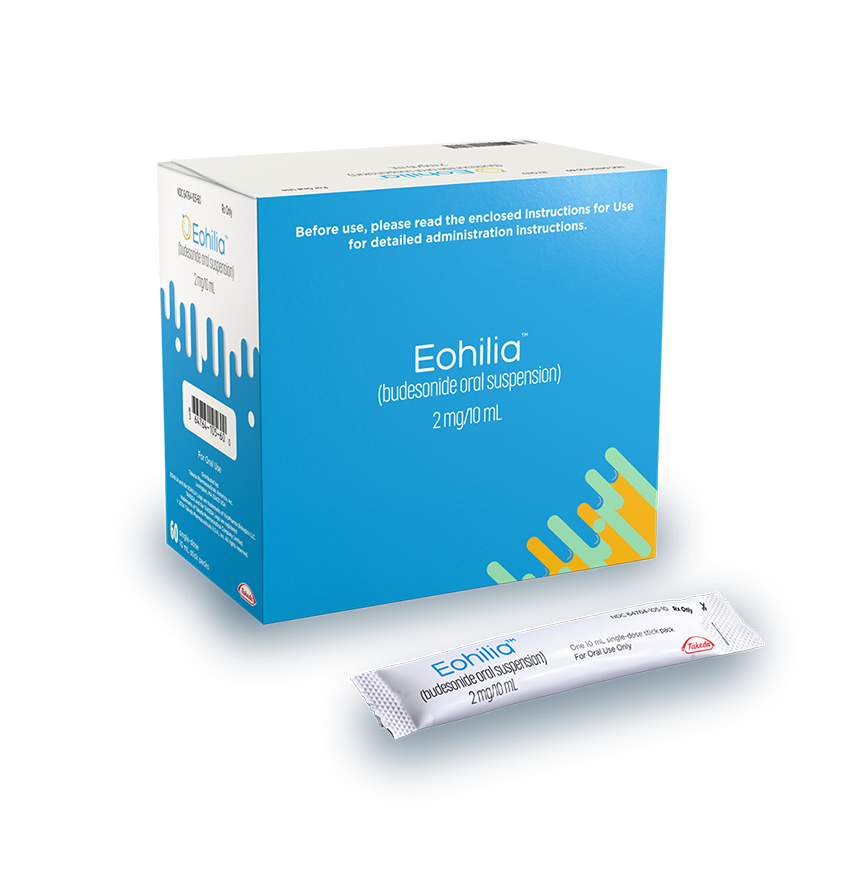 Image of EOHILIA™ (budesonide oral suspension) box and stick pack